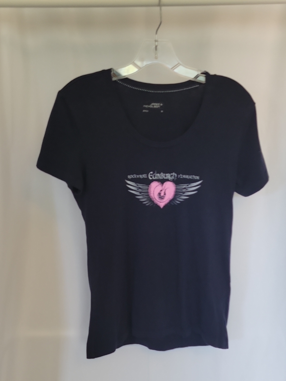 Black Women’s Graphic Tee with Pink Heart and Wing Motif